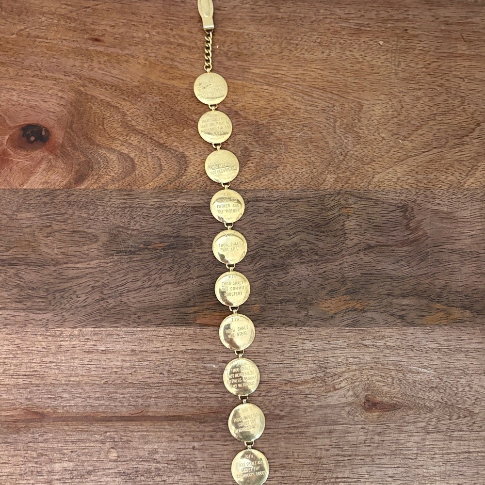 Vintage Ten Commandments Metal Coil Bookmark‎ Chain Goldtone 10 Bible Book Mark